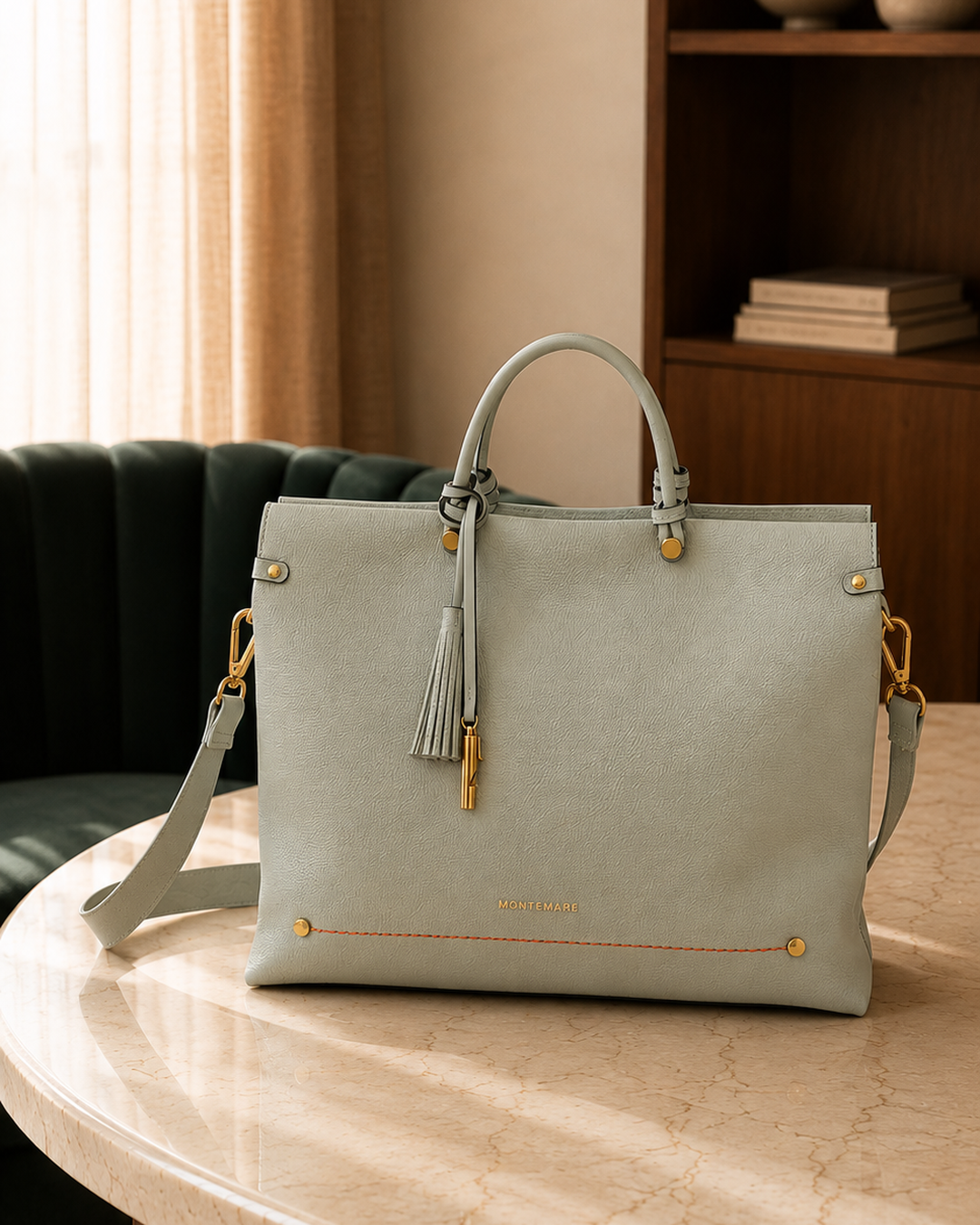 Montemare Vienna Carry-On in Blake’s Blue displayed on a marble table with shoulder strap and gold-tone hardware