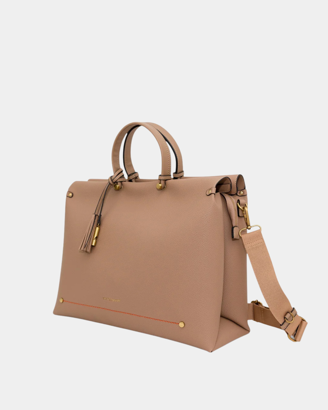 Montemare Vienna Carry-On in Latte shown at an angle with shoulder strap, tassel and gold-tone hardware