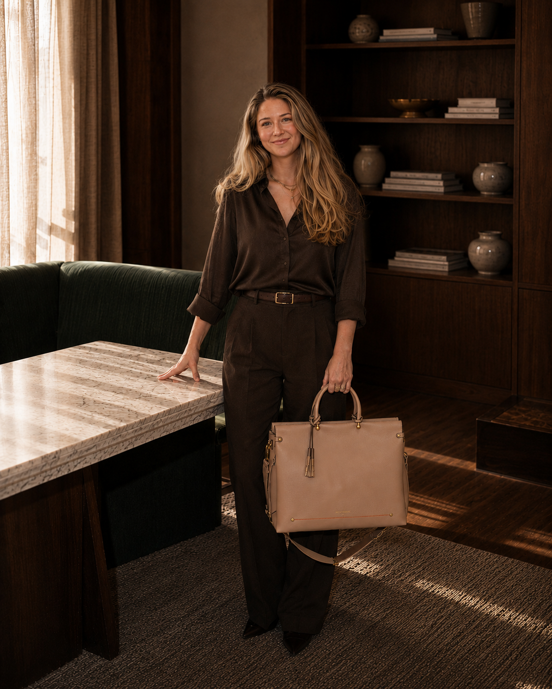 Woman carrying the Montemare Vienna Carry-On in Latte with top handles and detachable shoulder strap