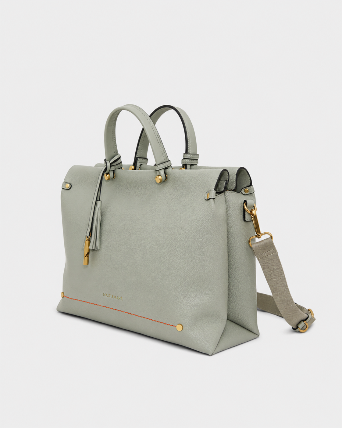 Montemare Vienna Small Carry On Tote in Blakes Blue angled view with top handles, shoulder strap and gold hardware