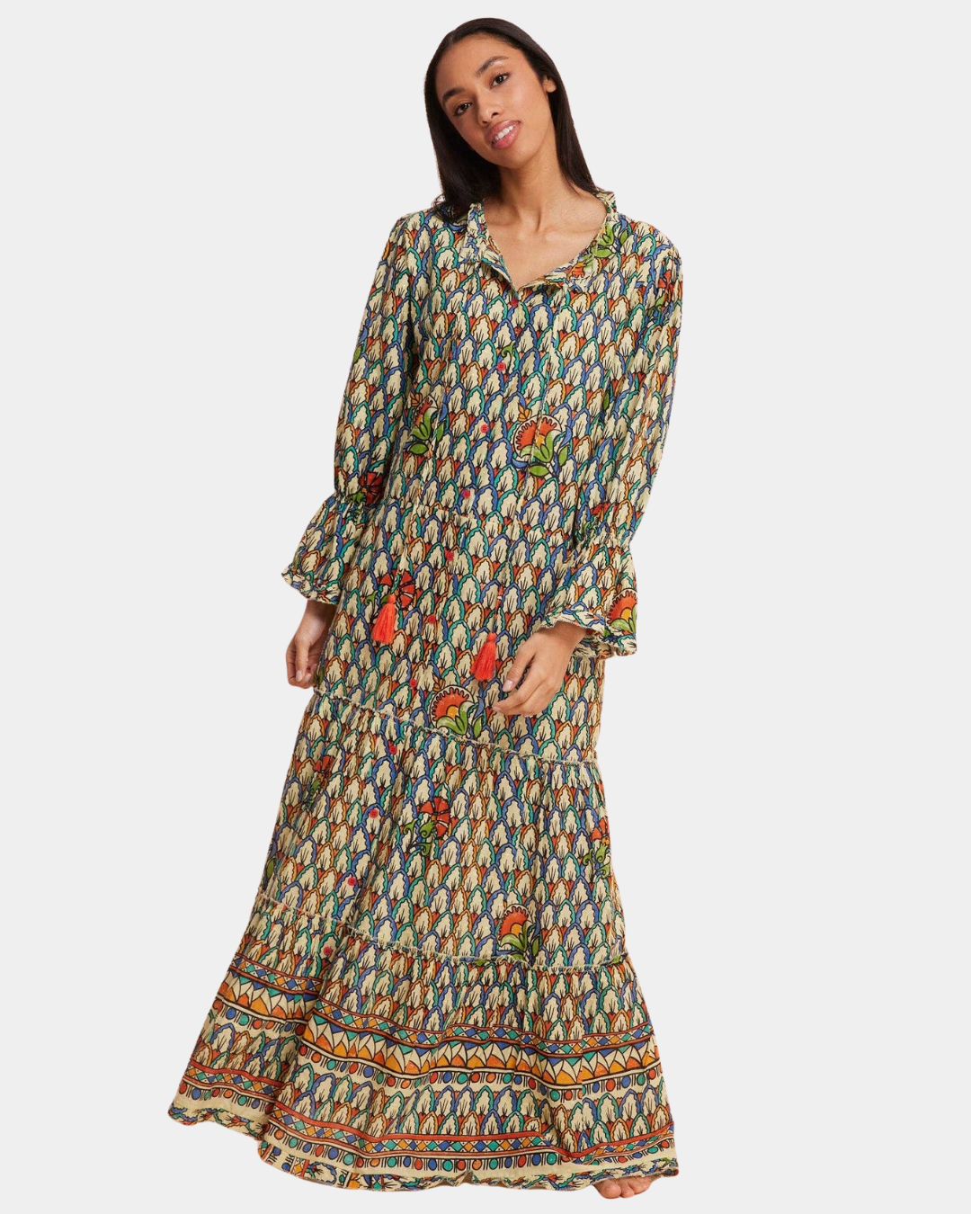 Angled front view of the Moroccan Maxi Dress with tassel ties, flared sleeves and tiered skirt