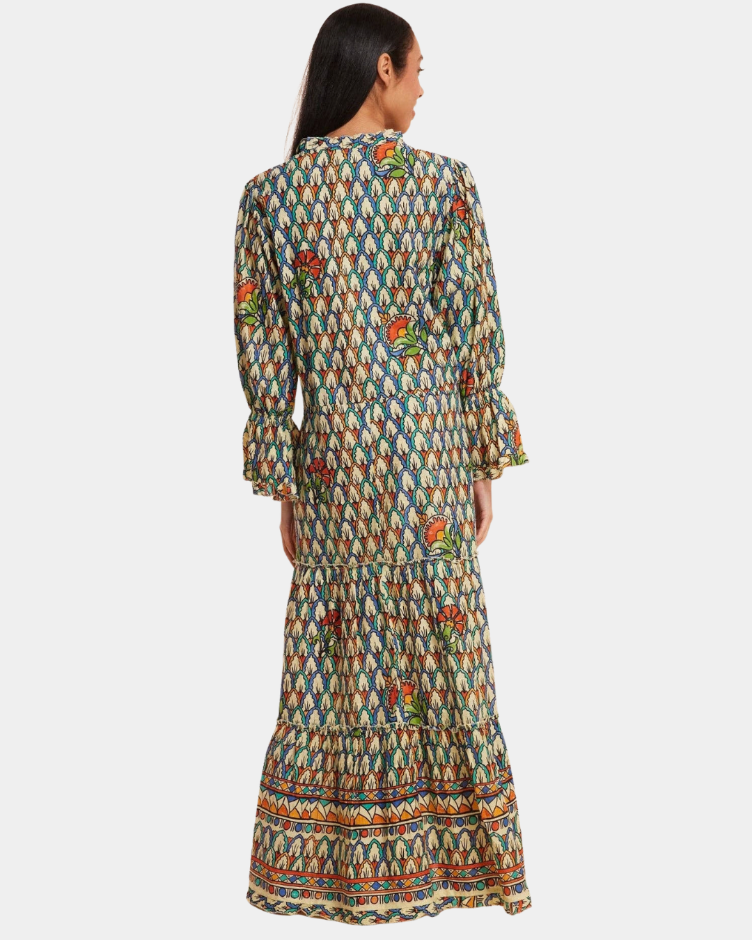 Back view of the Moroccan Maxi Dress showing the multicolor print and tiered maxi silhouette