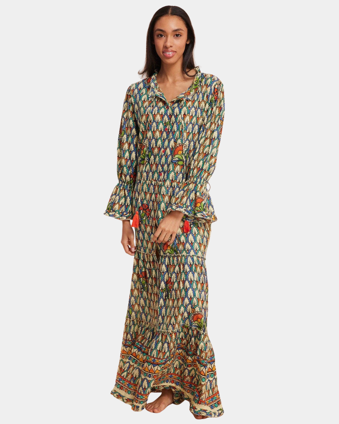 Front view of the Moroccan Maxi Dress featuring a colorful Moroccan-inspired print and flowing tiered silhouette