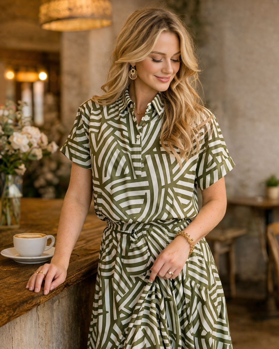 Multi-way geometric wrap skirt in olive styled as a matching set with top, women's geometric maxi skirt outfit in cafe