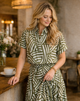 Multi-way geometric wrap skirt in olive styled as a matching set with top, women's geometric maxi skirt outfit in cafe