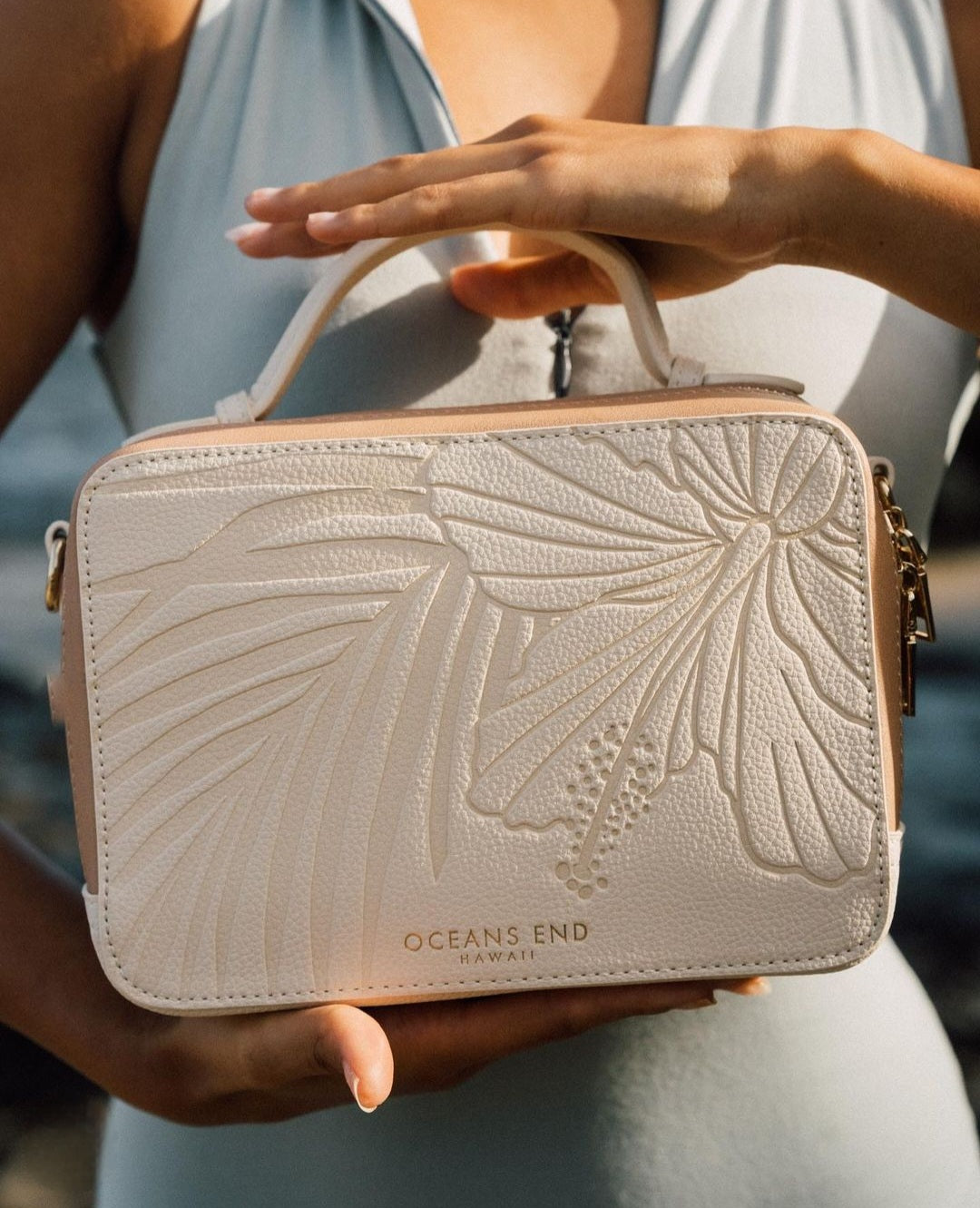 Oceans End Chanelle Crème handbag in vegan leather with embossed hibiscus design