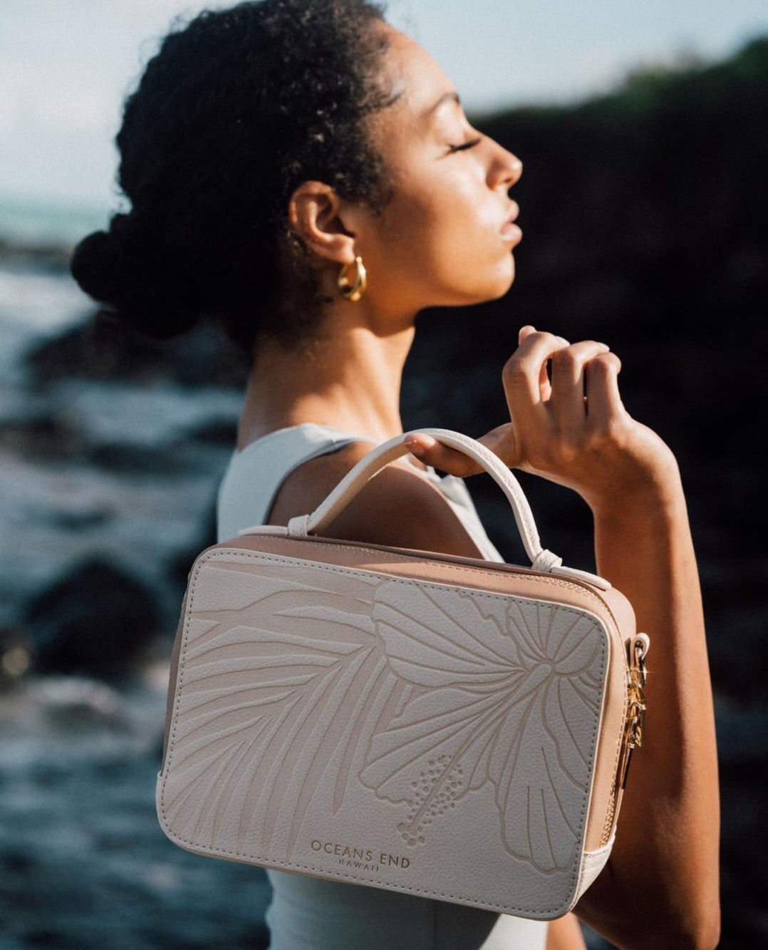 Oceans End Chanelle Crème handbag in vegan leather with embossed hibiscus design