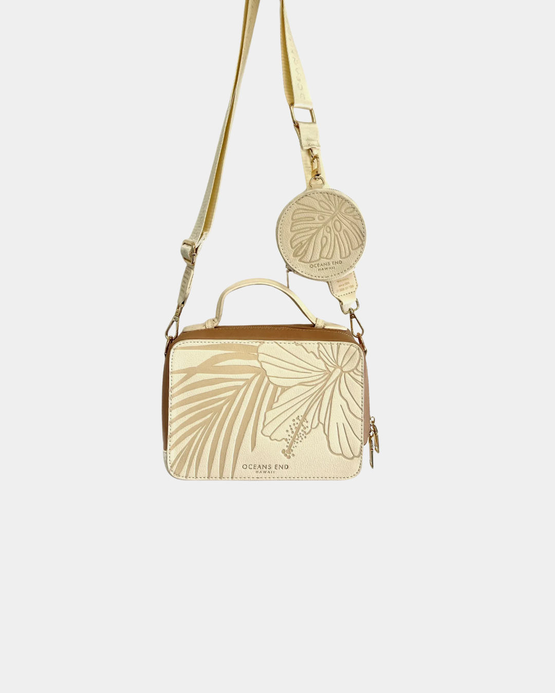 Oceans End Chanelle Crème handbag in vegan leather with embossed hibiscus design