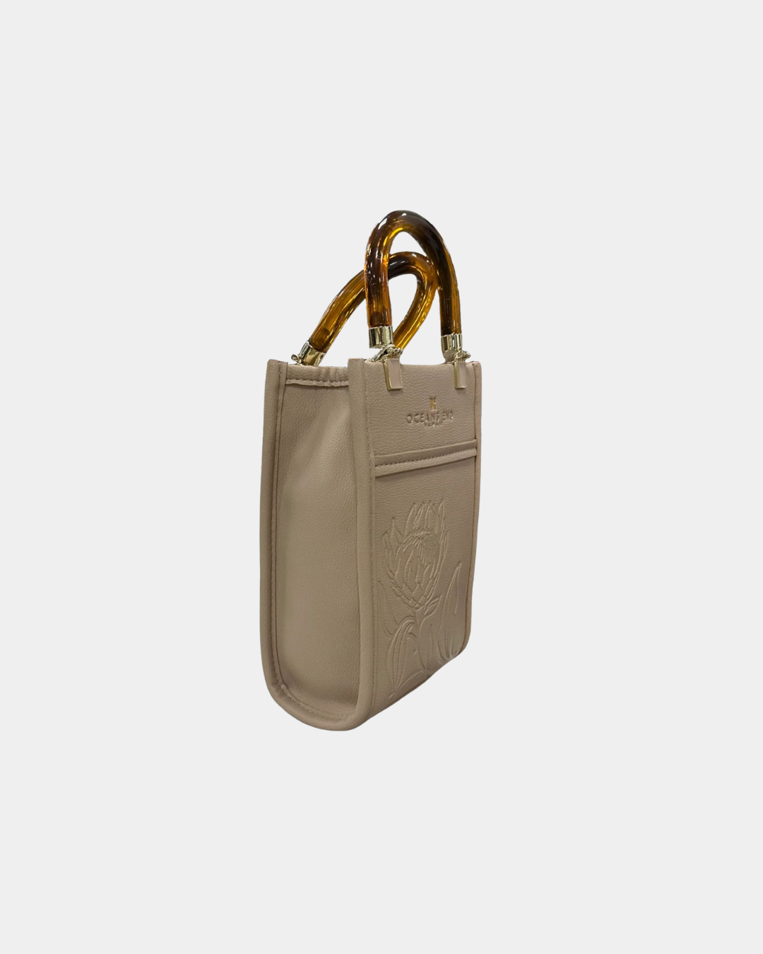 Oceans End Emily mini handbag with Protea artwork and tortoise shell handles