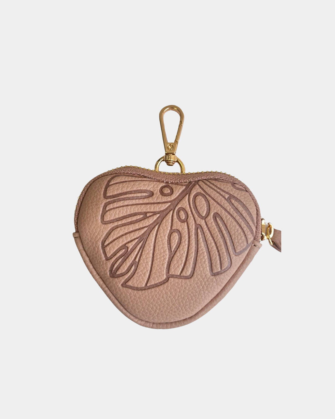 Oceans End heart pouch in blush pink with gold hardware keychain