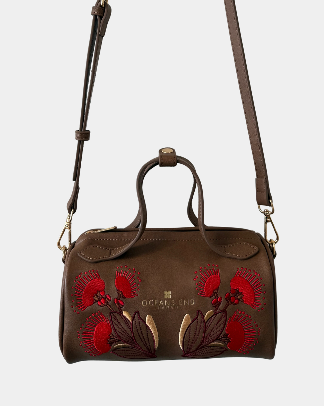 Oceans End Lehua convertible handbag in mocha with removable crossbody strap and lehua flower embroidery