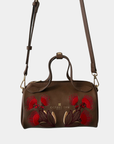 Oceans End Lehua convertible handbag in mocha with removable crossbody strap and lehua flower embroidery