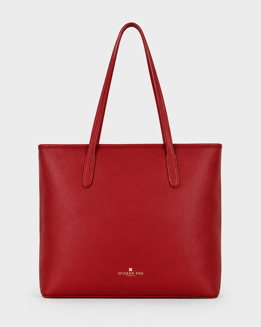Back view of the Oceans End Marnie Tote in Crimson with long shoulder straps and gold logo