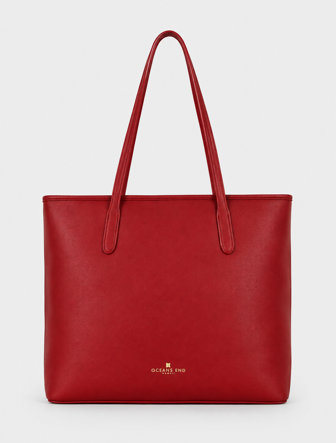 Back view of the Oceans End Marnie Tote in Crimson with long shoulder straps and gold logo