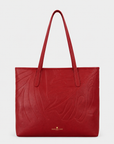 Oceans End Marnie Tote in Crimson with embossed tropical design and long shoulder straps