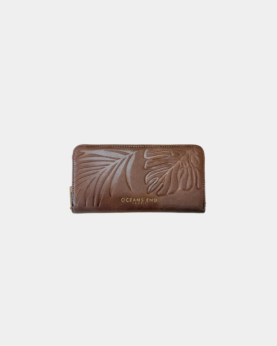 Oceans End Palm Monstera wallet in mocha vegan leather with tropical-inspired detailing