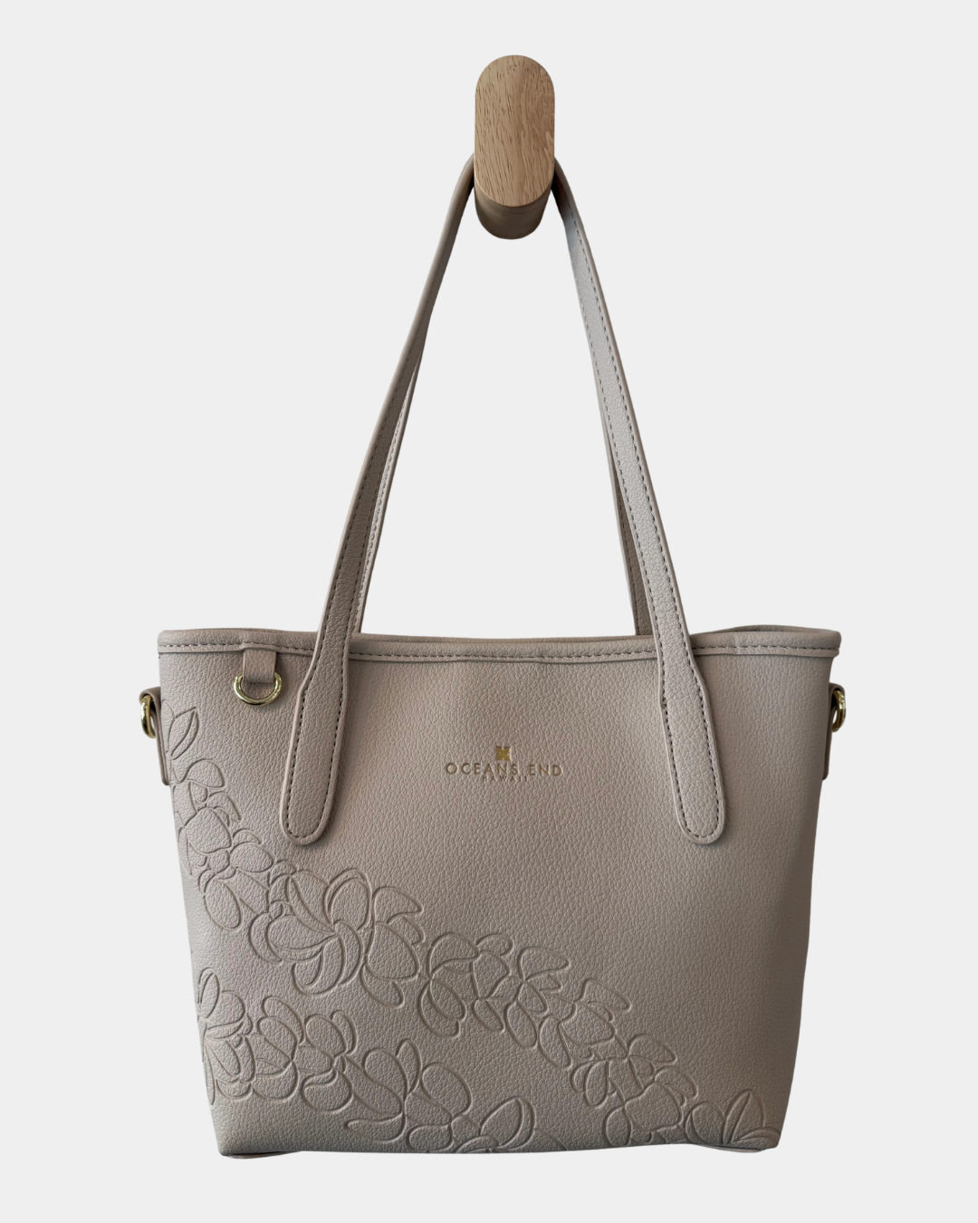 Oceans End Shawna convertible tote bag in bone vegan leather front view with top handles