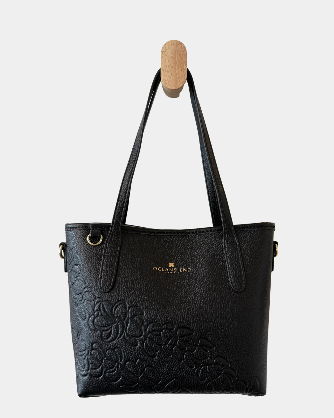 Oceans End Shawna convertible tote bag in onyx vegan leather front view with top handles