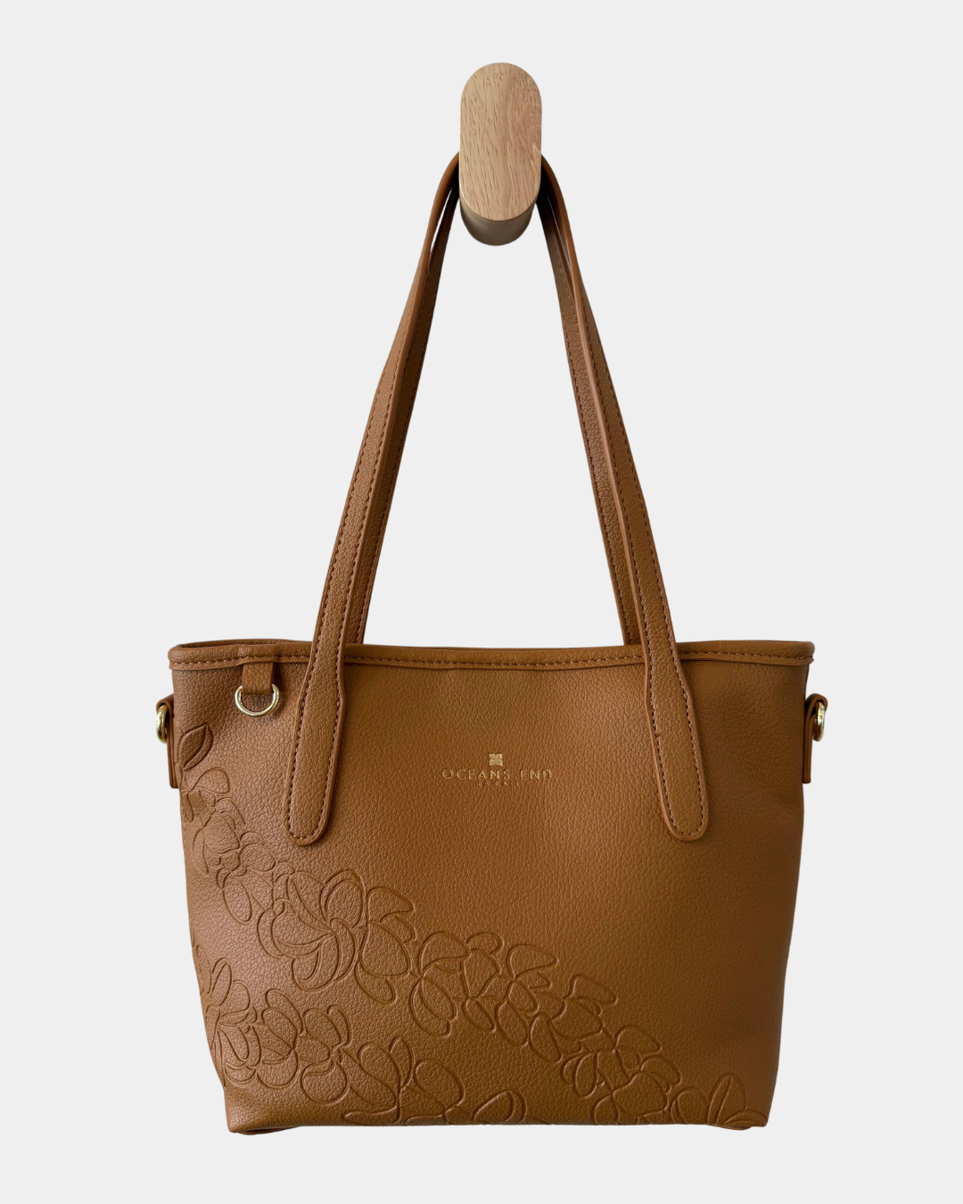 Oceans End Shawna convertible tote bag in tuscan vegan leather front view with top handles