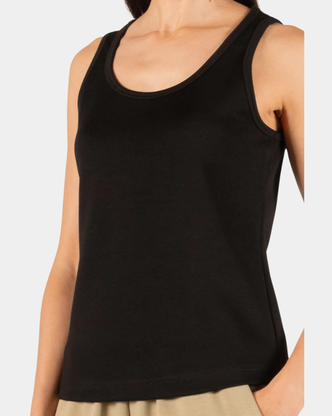 Front detail of the P.CILL Ada Butter Modal Tank Top in Black showing the rounded neckline