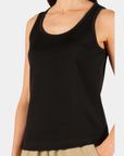 Front detail of the P.CILL Ada Butter Modal Tank Top in Black showing the rounded neckline