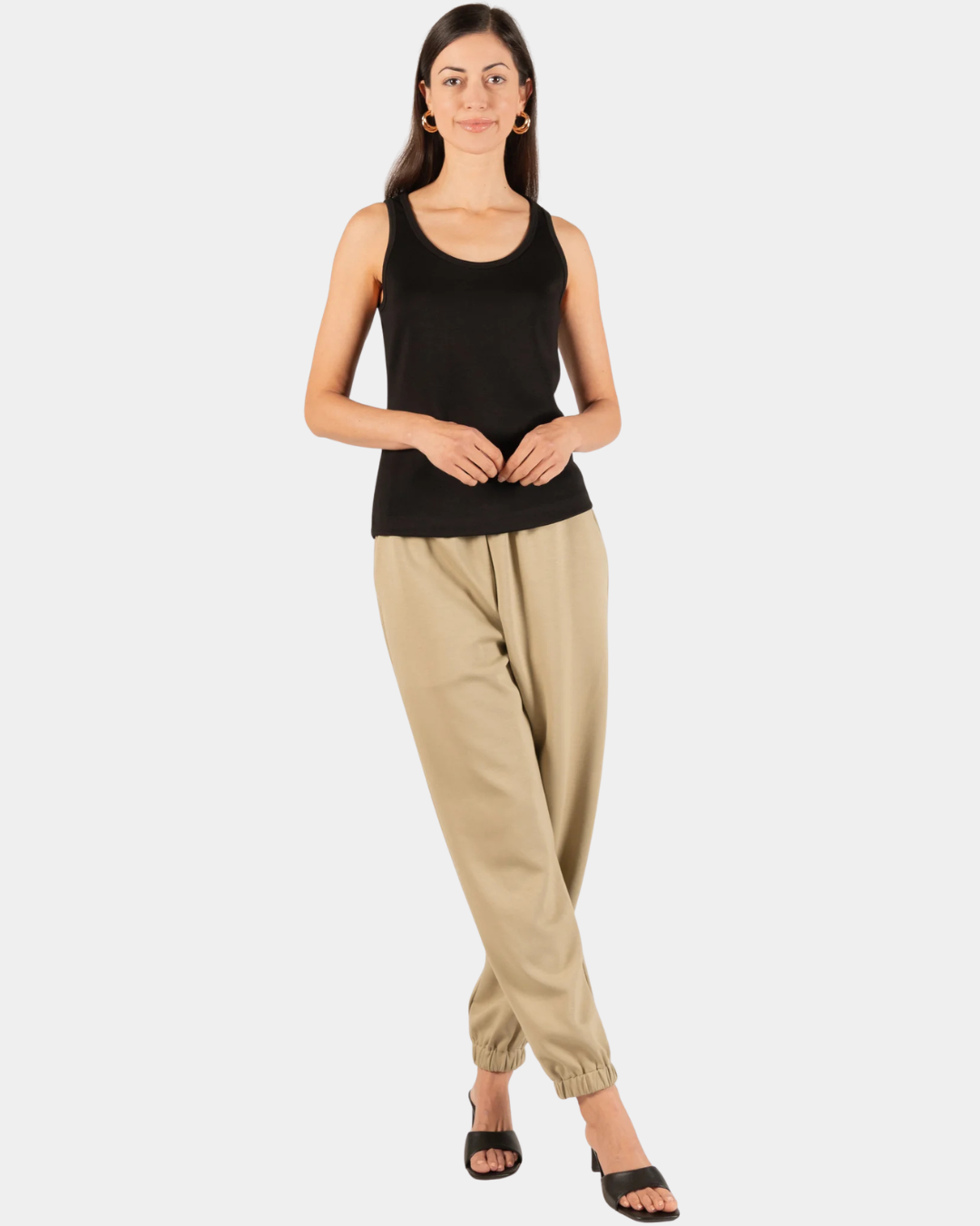 Front view of the P.CILL Ada Butter Modal Tank Top in Black styled on model