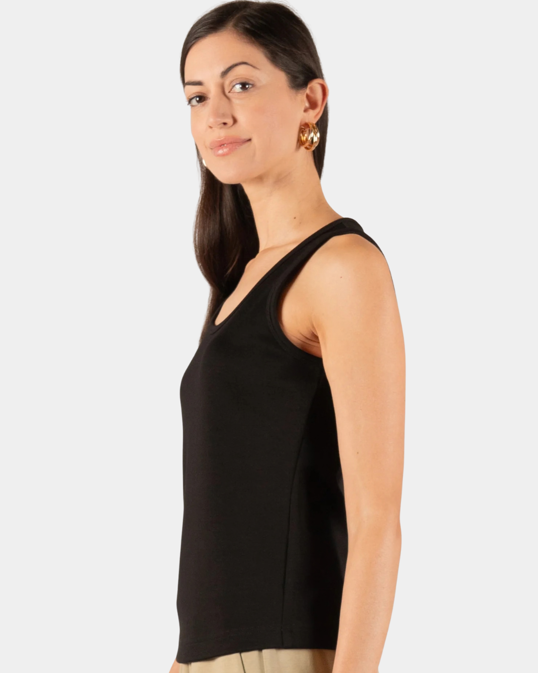 Side view of the P.CILL Ada Butter Modal Tank Top in Black showing the fitted silhouette
