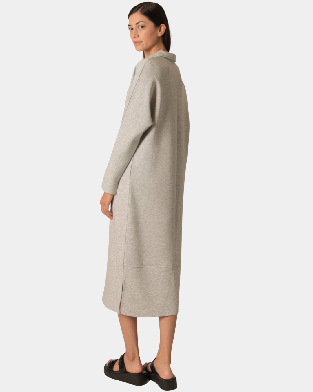 Back angled view of the P.CILL Connie Butter Modal Midi Dress in Heather Grey showing the relaxed silhouette