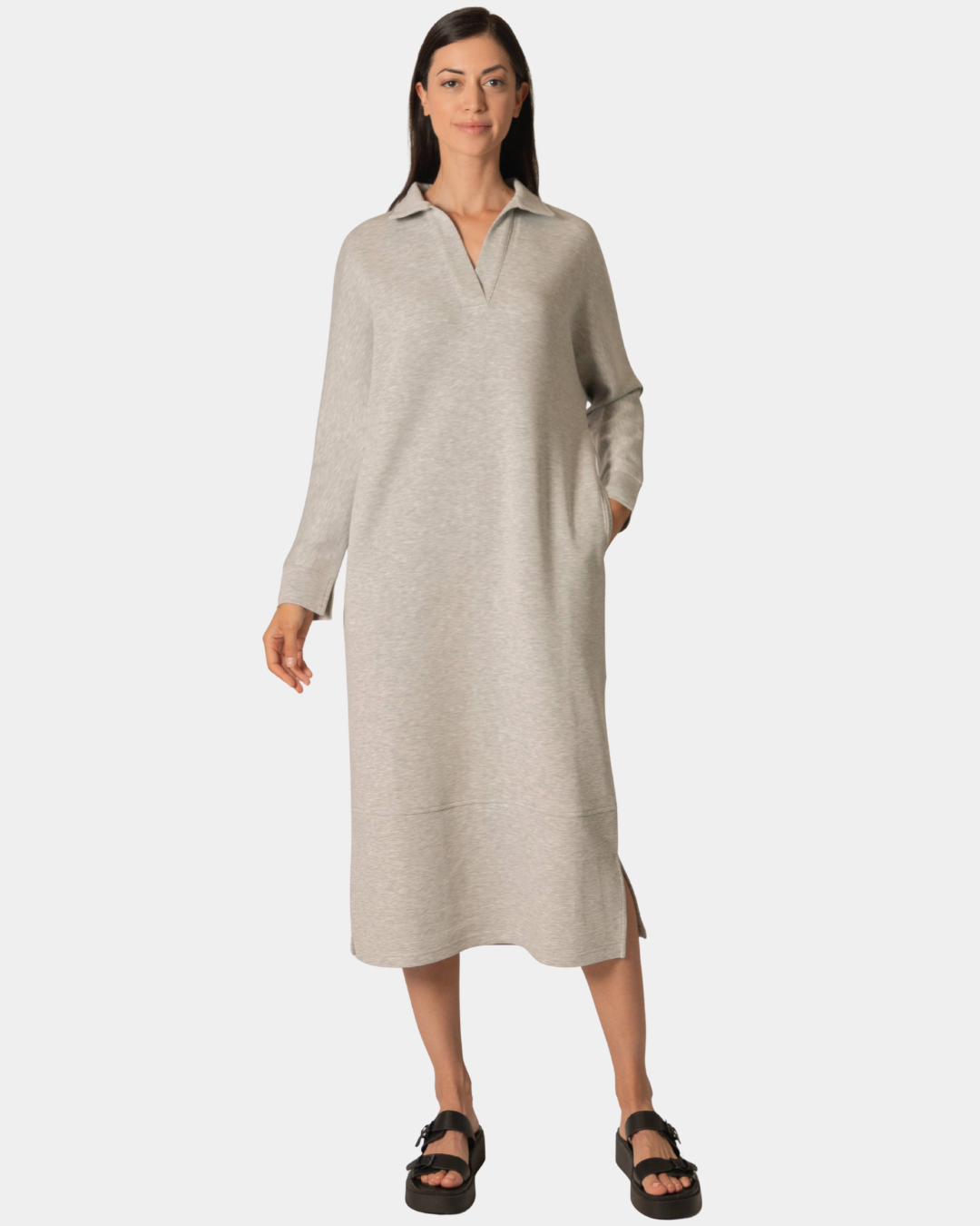 Front view of the P.CILL Connie Butter Modal Midi Dress in Heather Grey with collared neckline and long sleeves