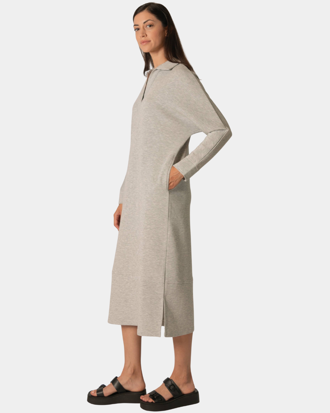 Side view of the P.CILL Connie Butter Modal Midi Dress in Heather Grey with side slit