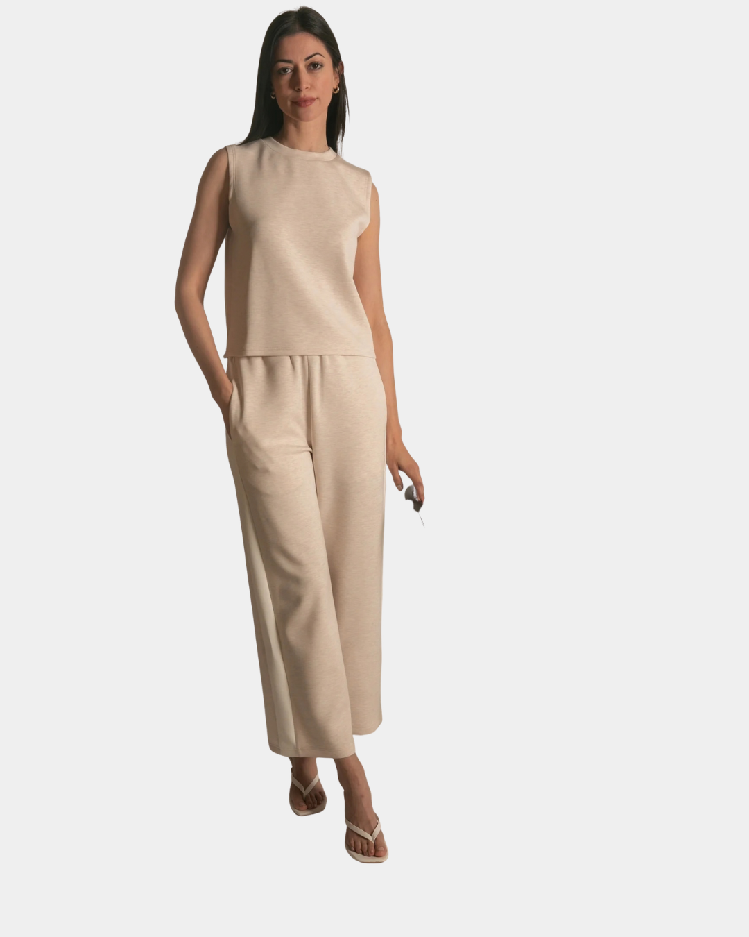Front view of the P.CILL Lula Butter Modal Wide Leg Pants in Oatmeal styled as a matching set