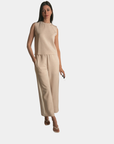 Front view of the P.CILL Lula Butter Modal Wide Leg Pants in Oatmeal styled as a matching set