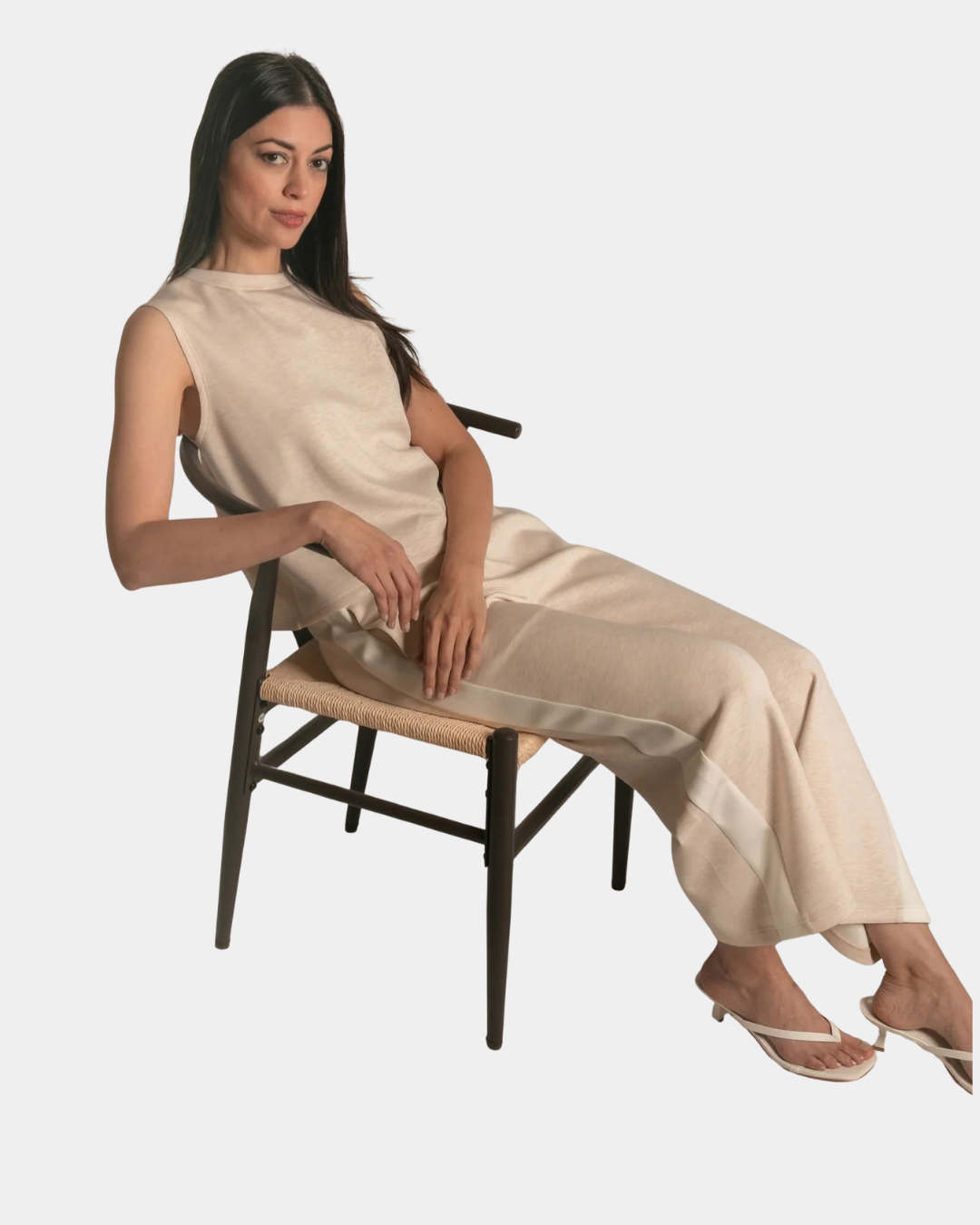 P.CILL Lula Butter Modal Wide Leg Pants in Oatmeal styled with a coordinating sleeveless top