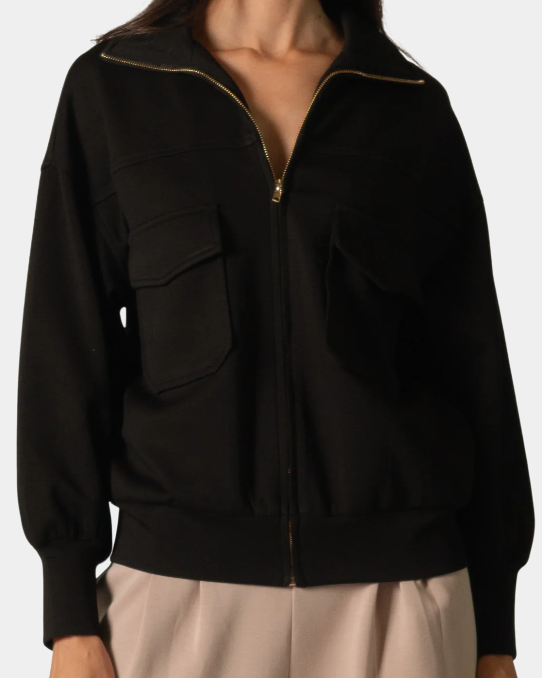 Front detail of the P.CILL Reid Butter Modal™ Utility Jacket in Black with zip closure and utility pockets