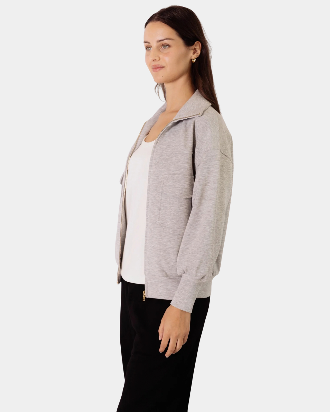 Side view of the P.CILL Reid Butter Modal Utility Jacket in Heather Grey