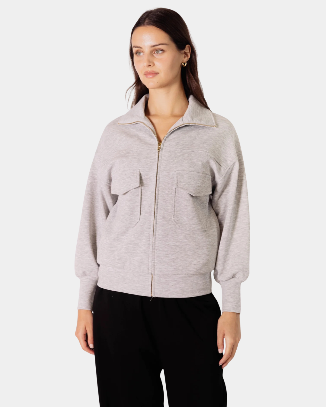 Front view of the P.CILL Reid Butter Modal Utility Jacket in Heather Grey with zip closure and utility pockets