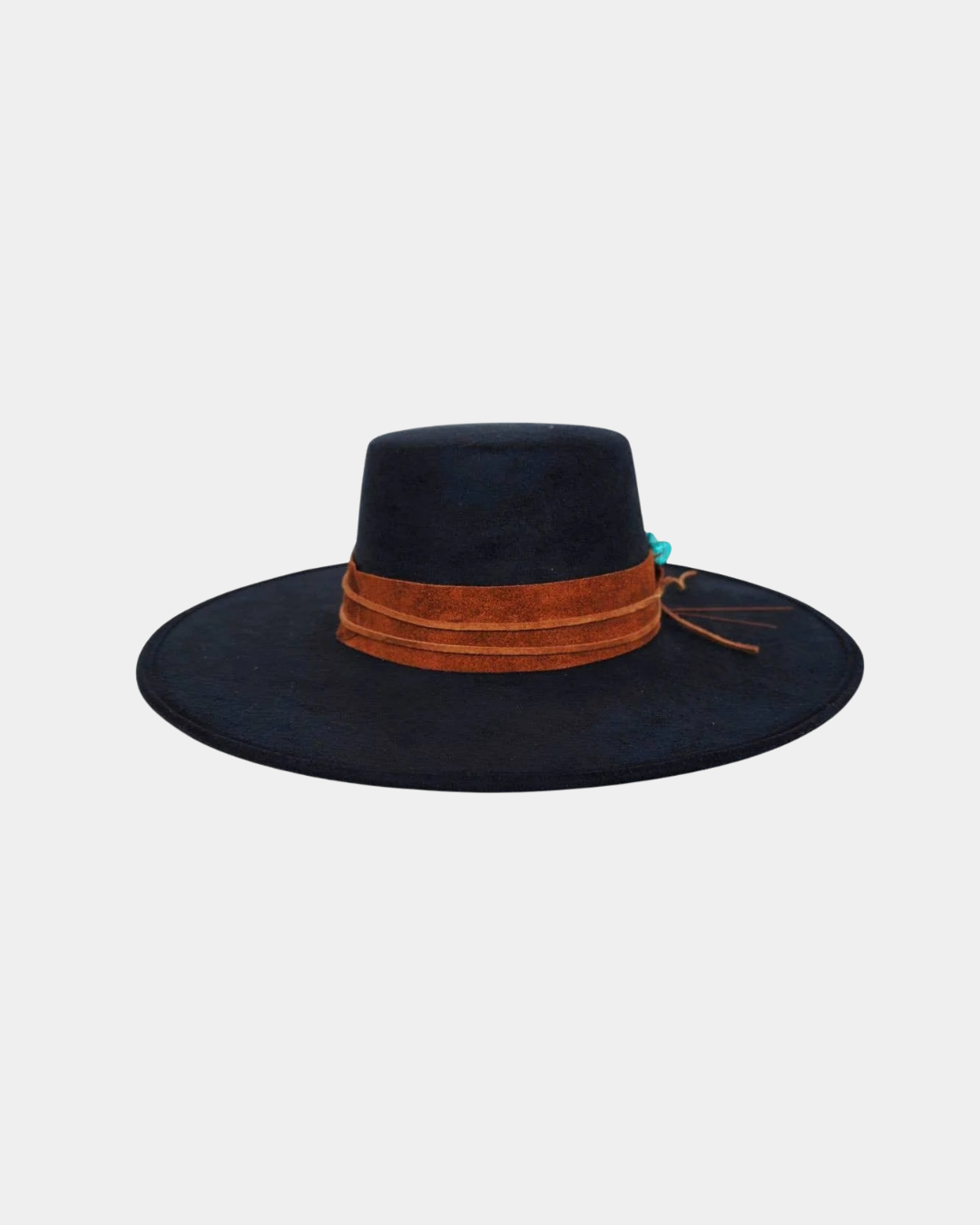 Front view of the Petra Savage Tasha Boater Crown Hat in black featuring a structured flat crown and wide brim silhouette.