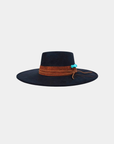 Side profile of the Petra Savage Tasha Boater Crown Hat in black highlighting the clean boater crown and structured brim.