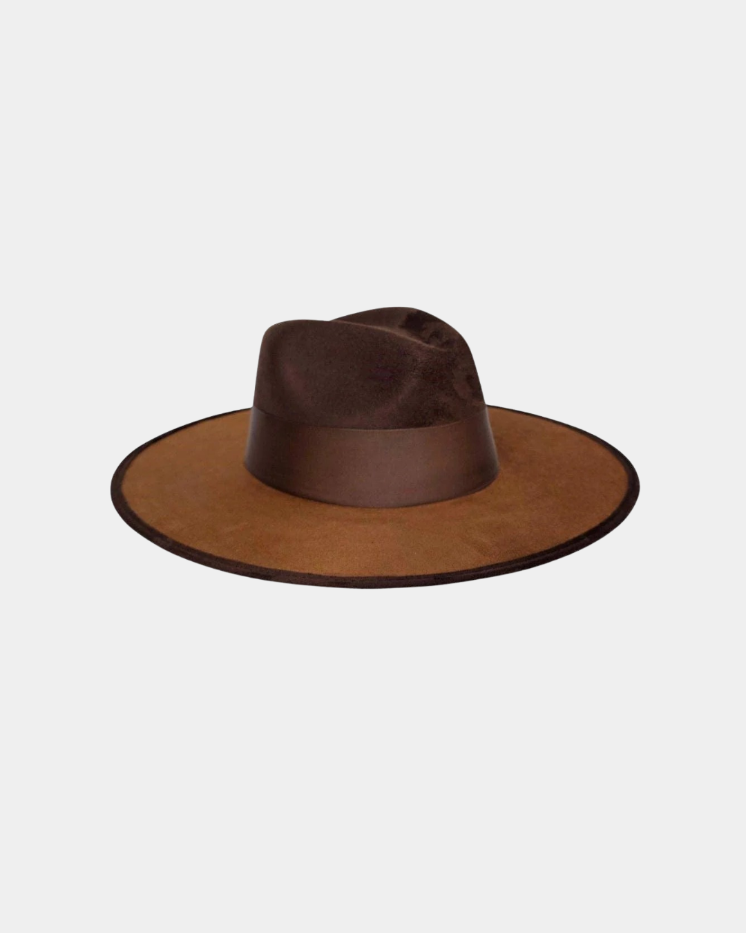 Angled view of the Remi Rancher Crown Hat in brown tobacco suede.