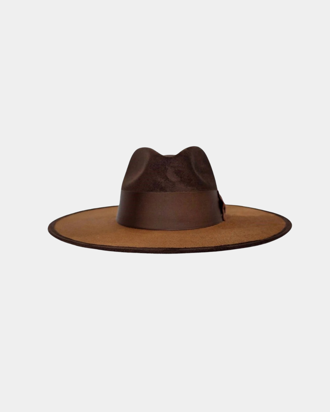 Front view of the Remi Rancher Crown Hat in brown tobacco suede.