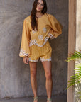 Resort embroidered matching set with puff sleeve top and coordinating shorts