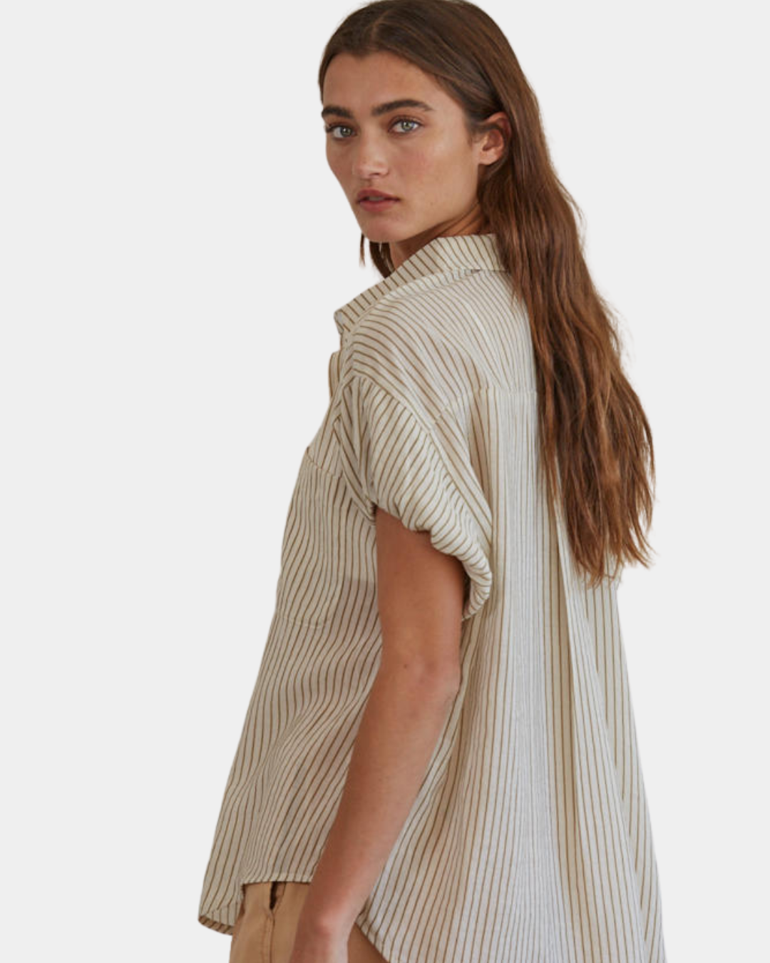 Back view of the Riviera striped button-up shirt with a clean, tailored silhouette.