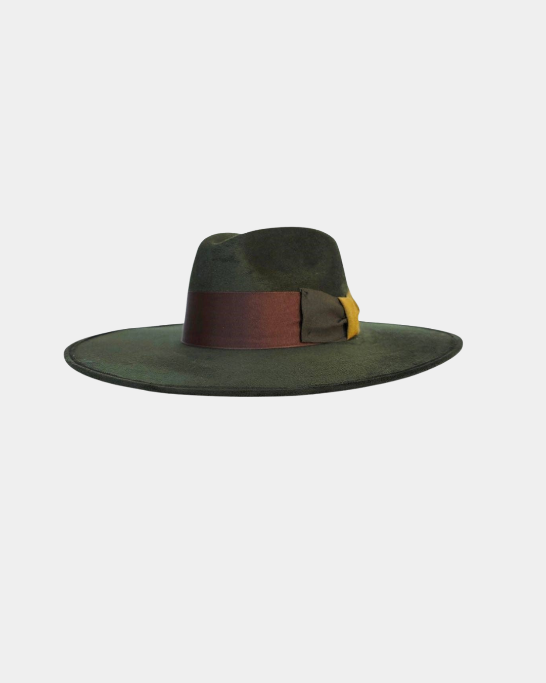 Close-up of the brown, green, and mustard ribbon band and bow detail.