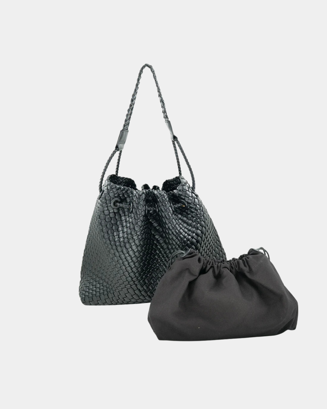 Sloane woven vegan leather hobo bag in black featuring slouchy silhouette and woven texture on a neutral background.