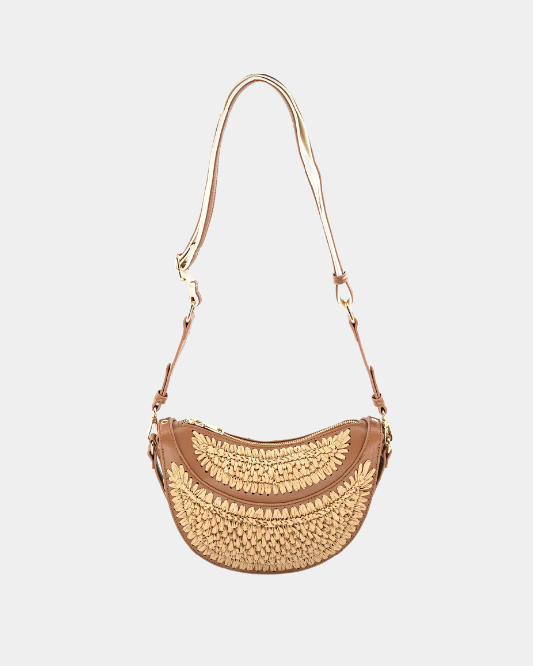 Solstice raffia half moon convertible bag with leather shoulder strap displayed on a neutral background.