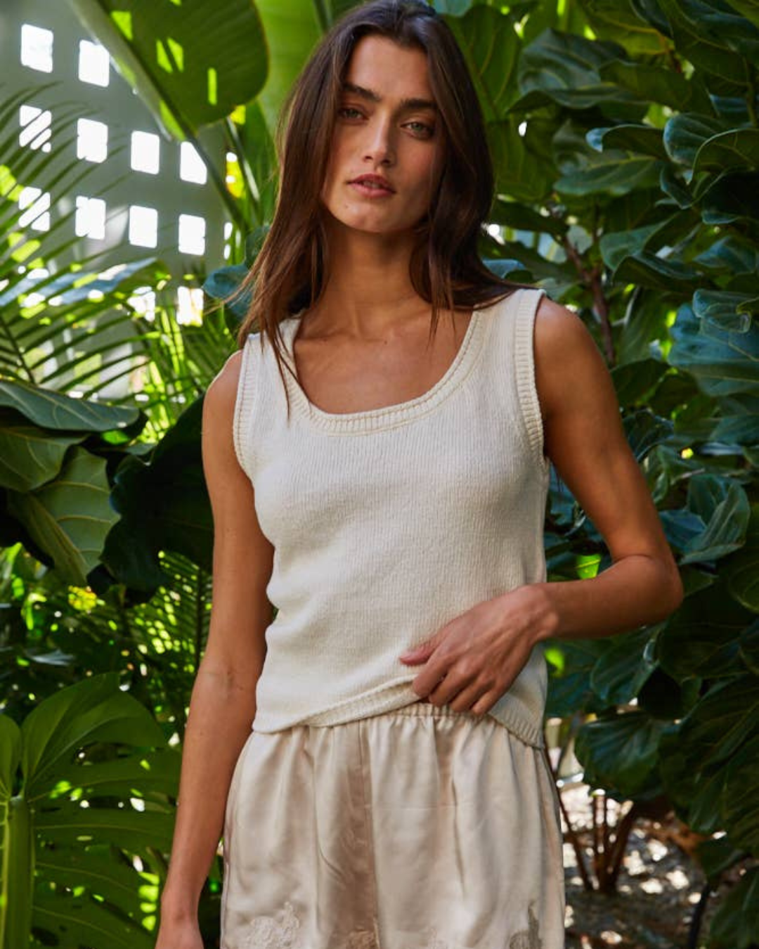 Lightweight Sunwashed Knit Tank styled for summer, breathable ribbed knit with a refined neckline