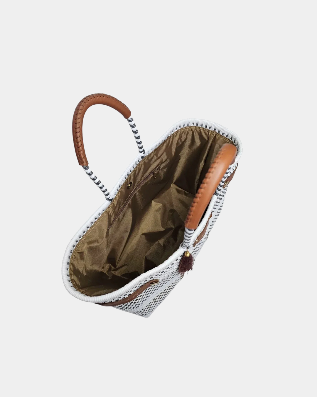 Upcycled leather handles on the stripe sustainable luxury handbag