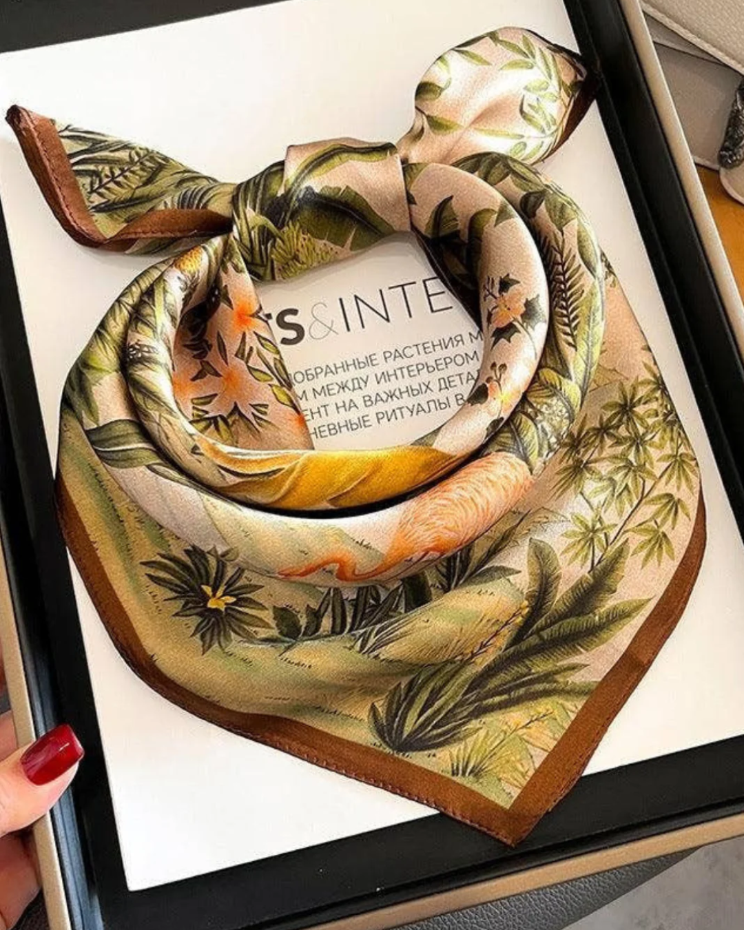 Vintage jungle animals mulberry silk neck scarf styled around the neck