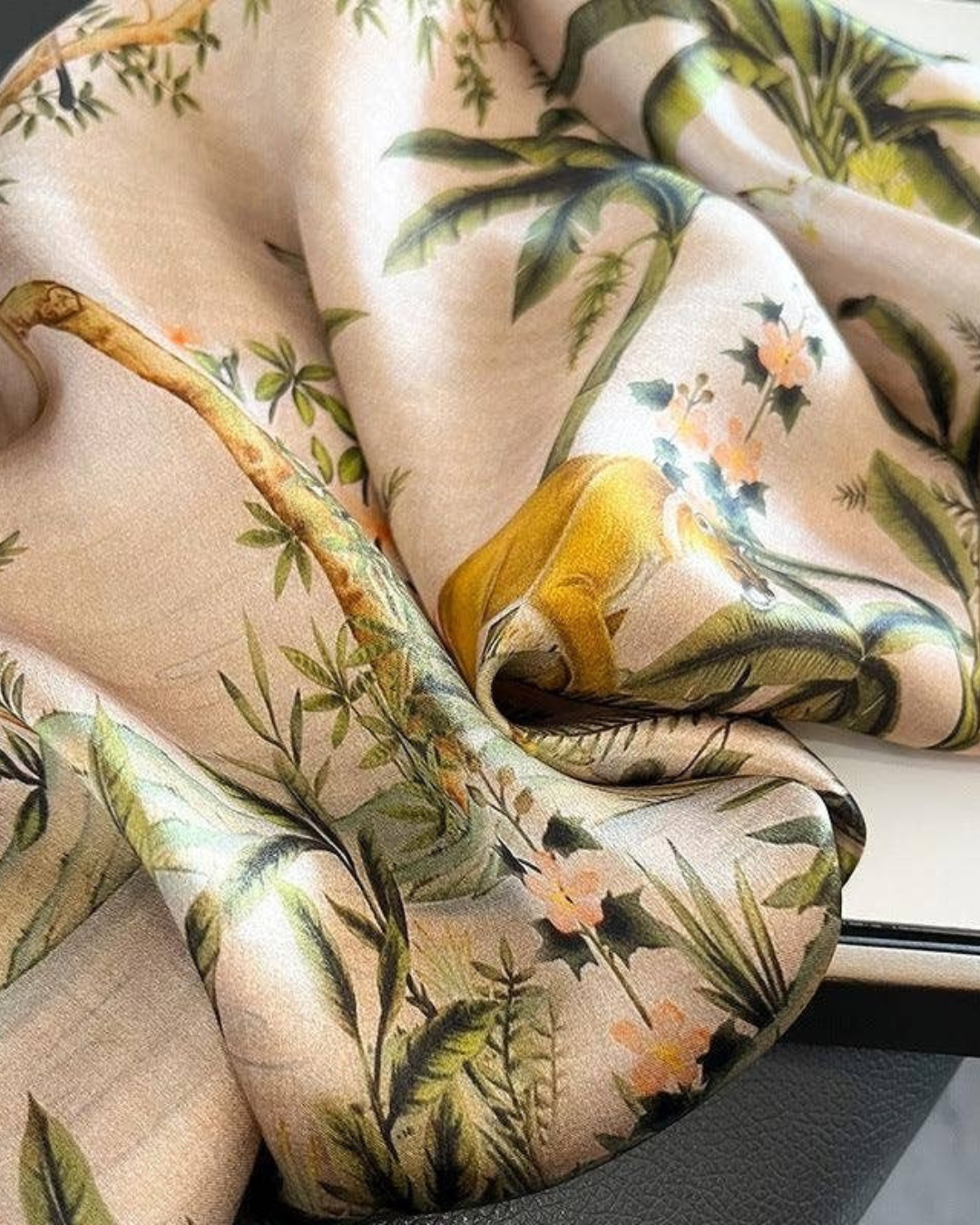 Vintage jungle animals luxury mulberry silk scarf flat lay showing colorful wildlife pattern